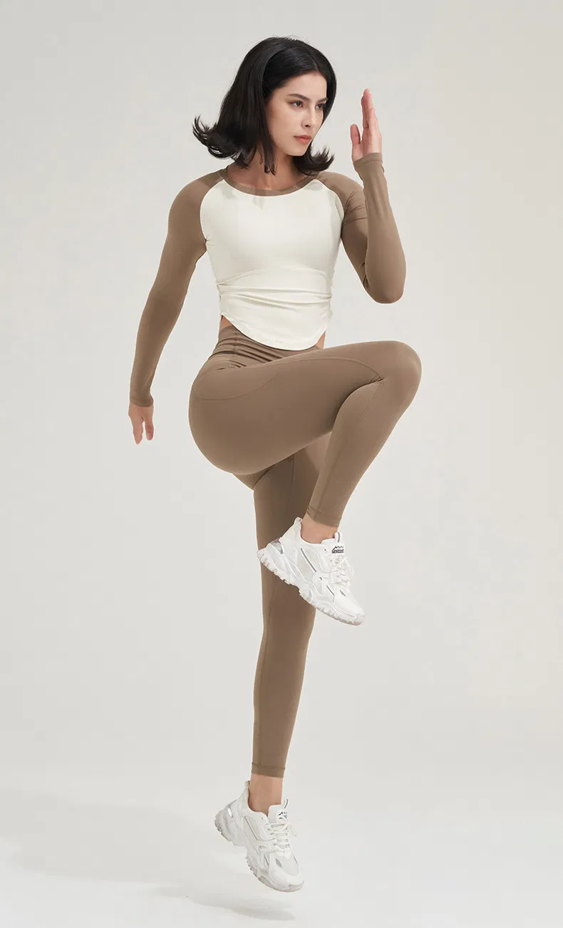 Customized women's long-sleeved contrast color tight quick-drying sports top/yoga fitness T-shirt - Image 2