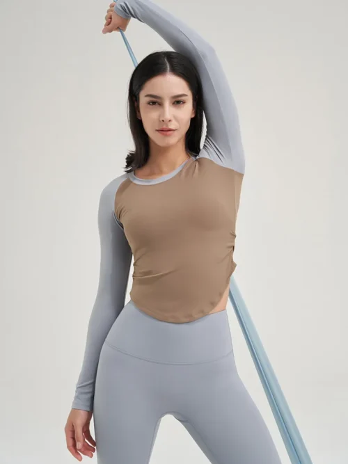 Customized women's long-sleeved contrast color tight quick-drying sports top/yoga fitness T-shirt