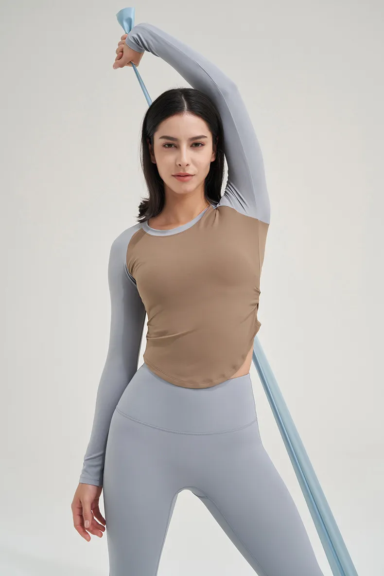Customized women's long-sleeved contrast color tight quick-drying sports top/yoga fitness T-shirt