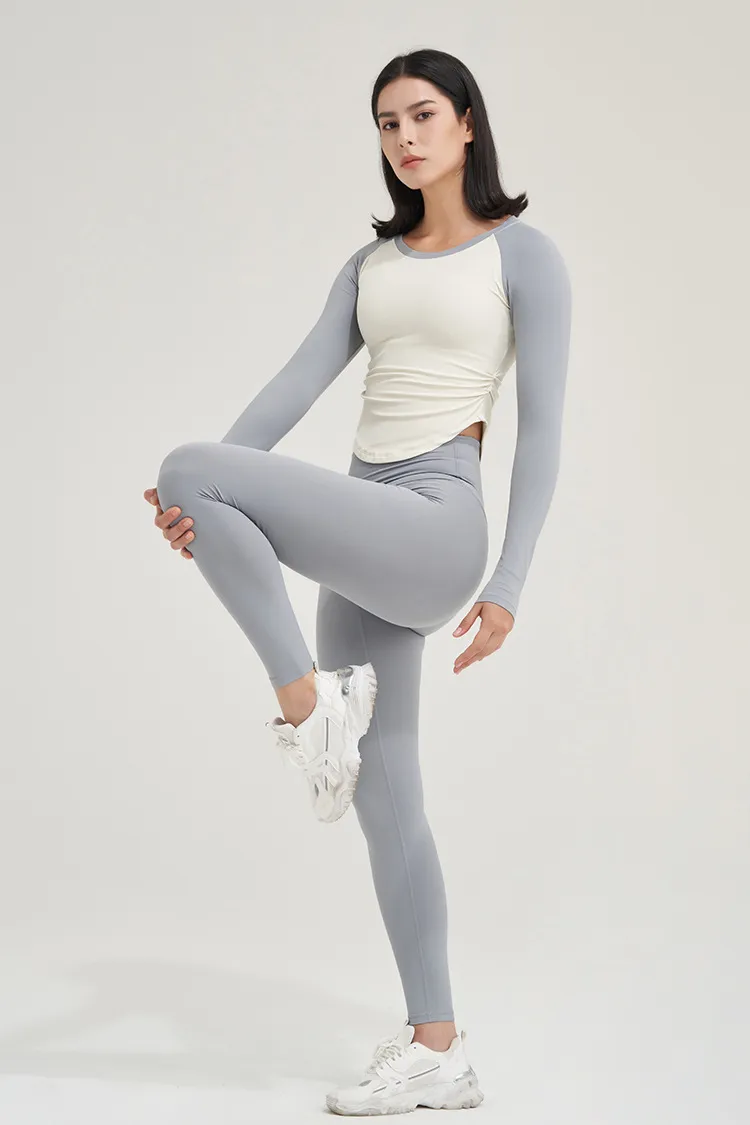 Customized women's long-sleeved contrast color tight quick-drying sports top/yoga fitness T-shirt - Image 4