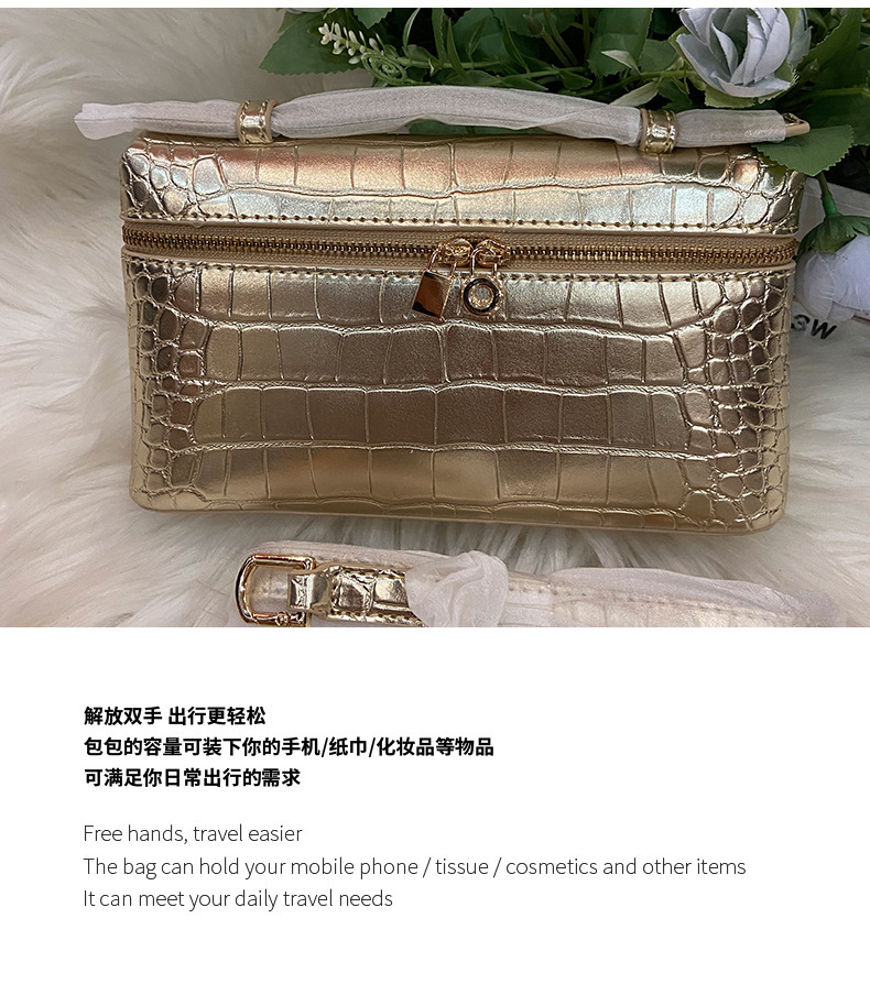 金色银色鳄鱼纹牛皮饭盒包真皮小方包时尚小锁包欧美单肩斜挎小包 - Image 12